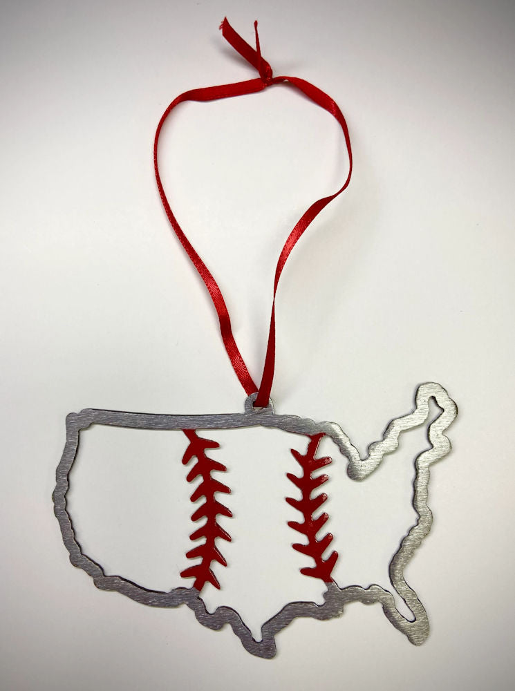 Ornament shaped like the United States with a baseball design on a white background