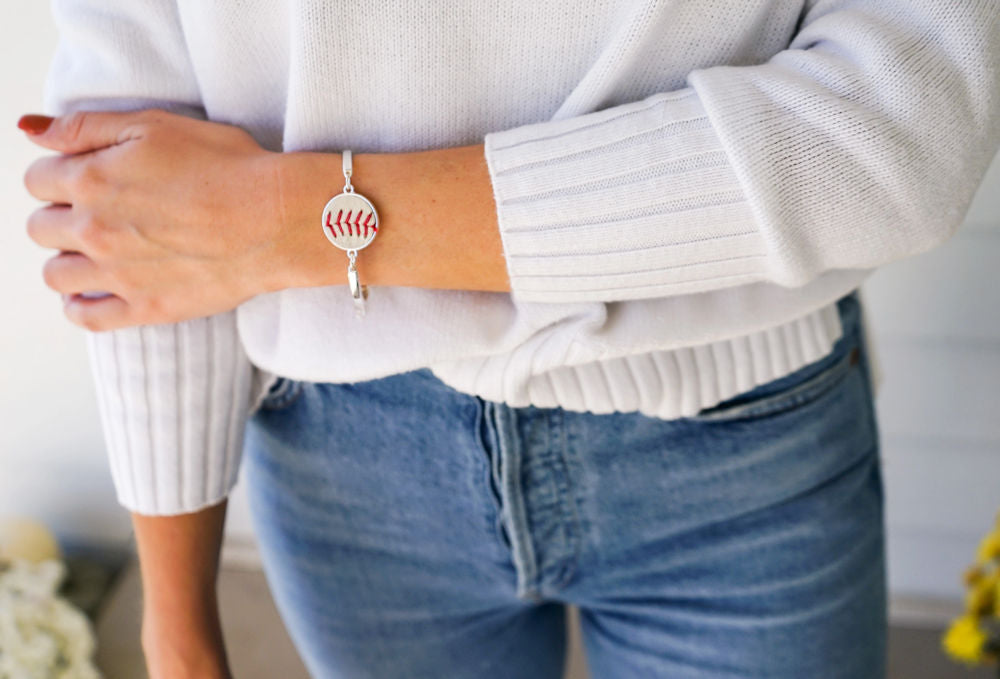 baseball seams bracelet on a woman's wrist