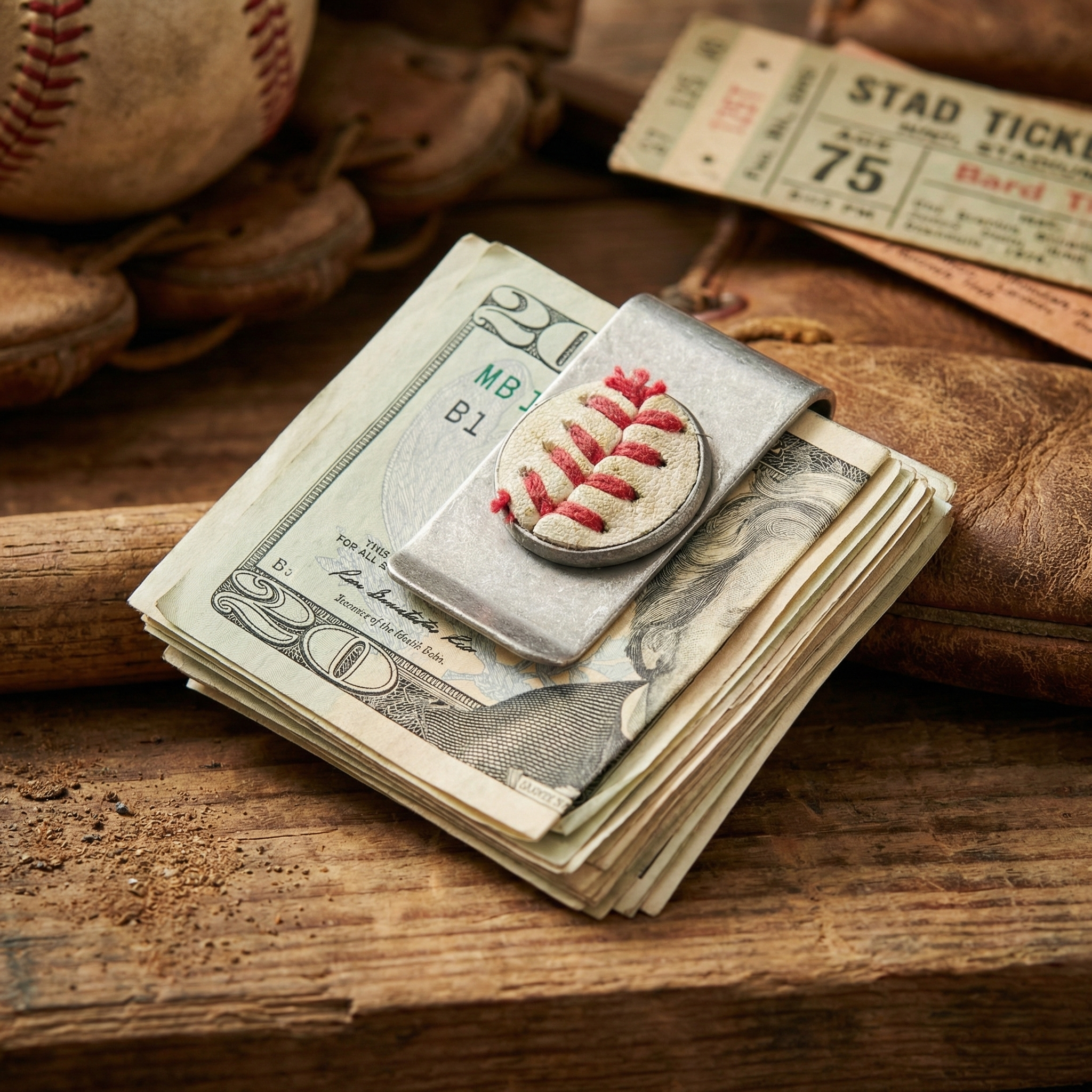 baseball seams steel money clip with vintage baseball background.