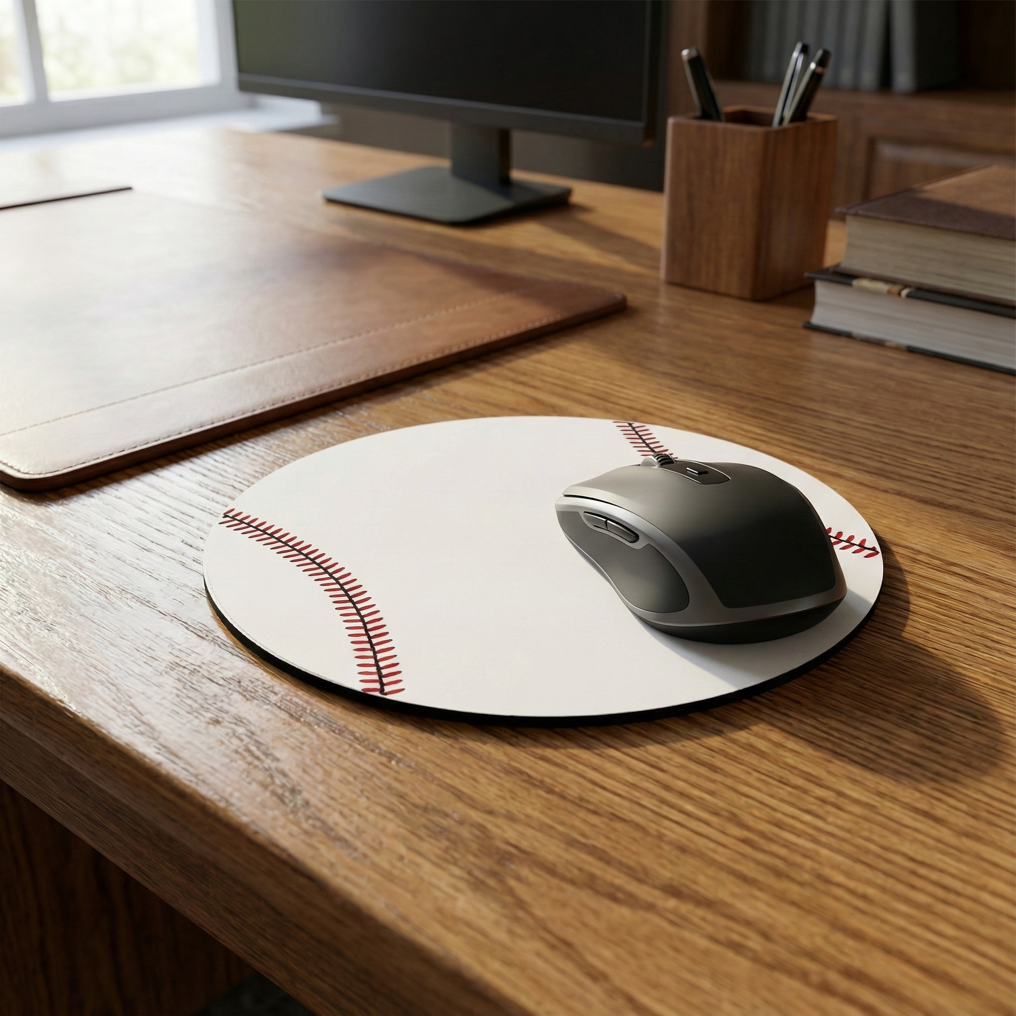 Mouse on a baseball-themed mouse pad on a wooden desk