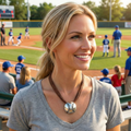 Woman with a silver baseball necklace at a baseball game