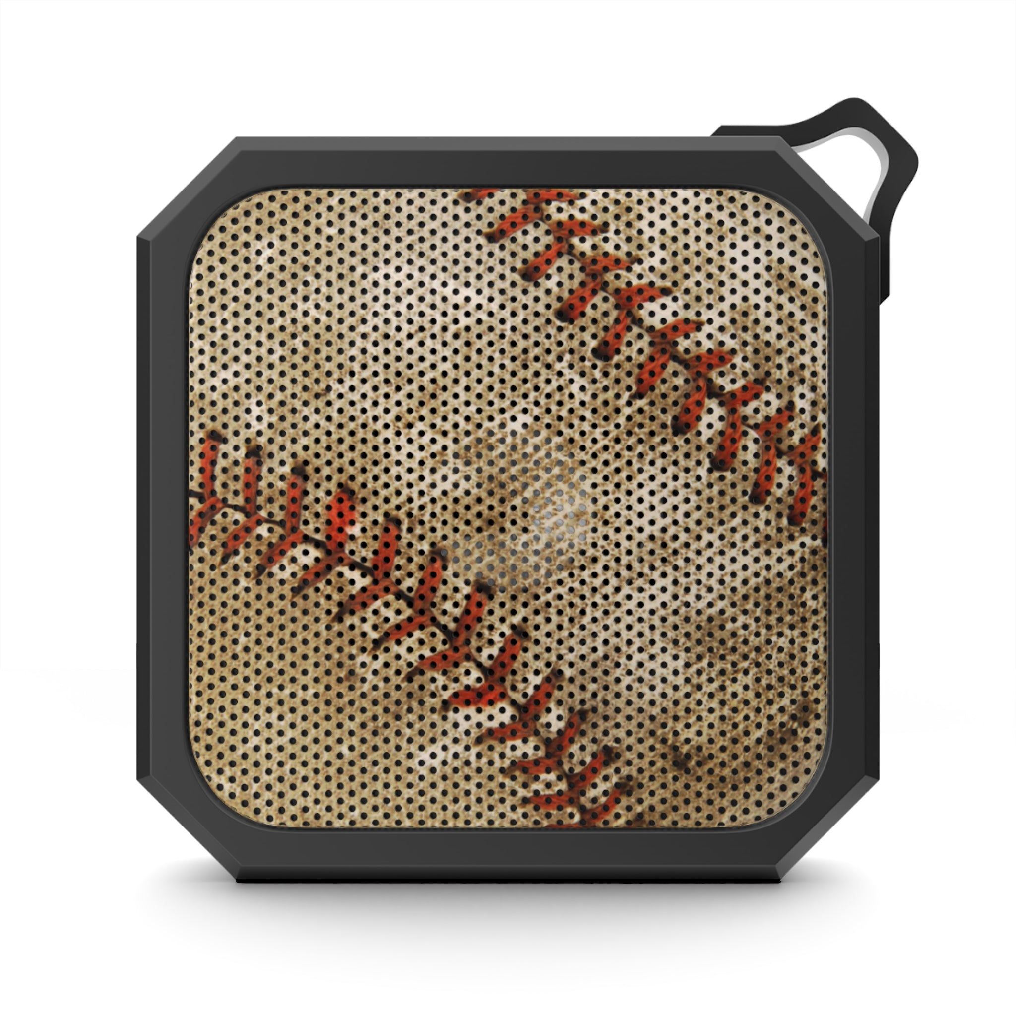 Baseball-themed portable speaker with a textured surface on a white background