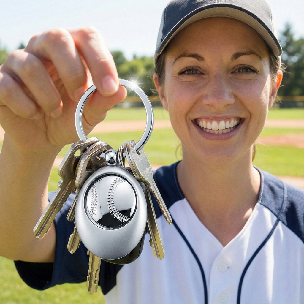 baseball mom holding a silver spinning baseball key chain with keys at the ballpark.