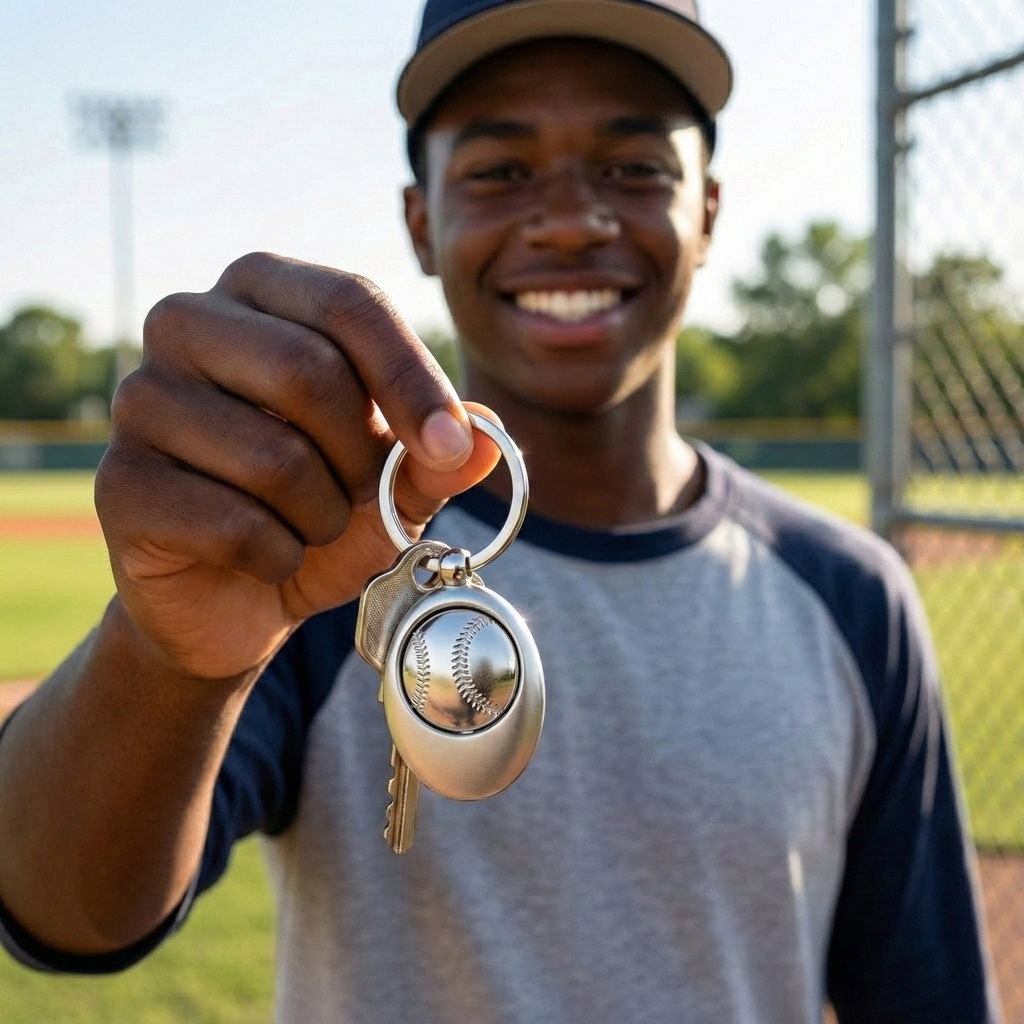 spinning baseball silver key chain held by a player at the baseball field