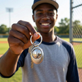spinning baseball silver key chain held by a player at the baseball field