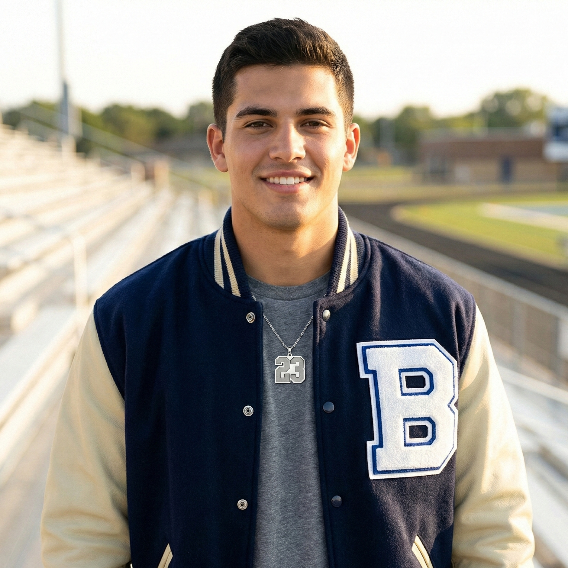 Young man wearing a silver number 23 necklace and letterman jacket with a 'B' on a track and field background
