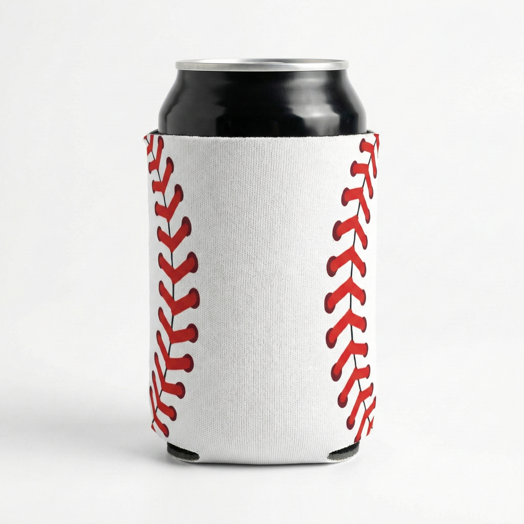 Can cooler with baseball koozie design on a white background