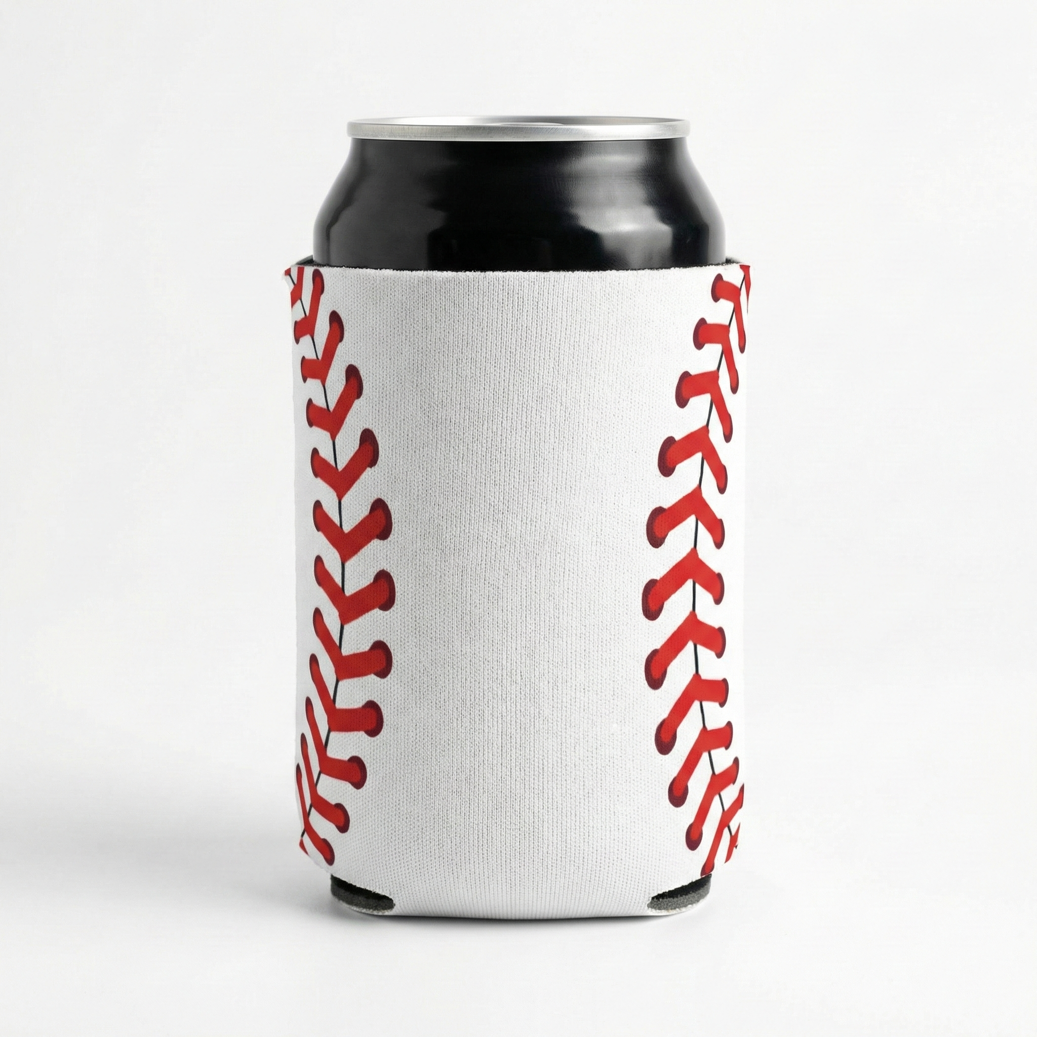 Can cooler with baseball koozie design on a white background