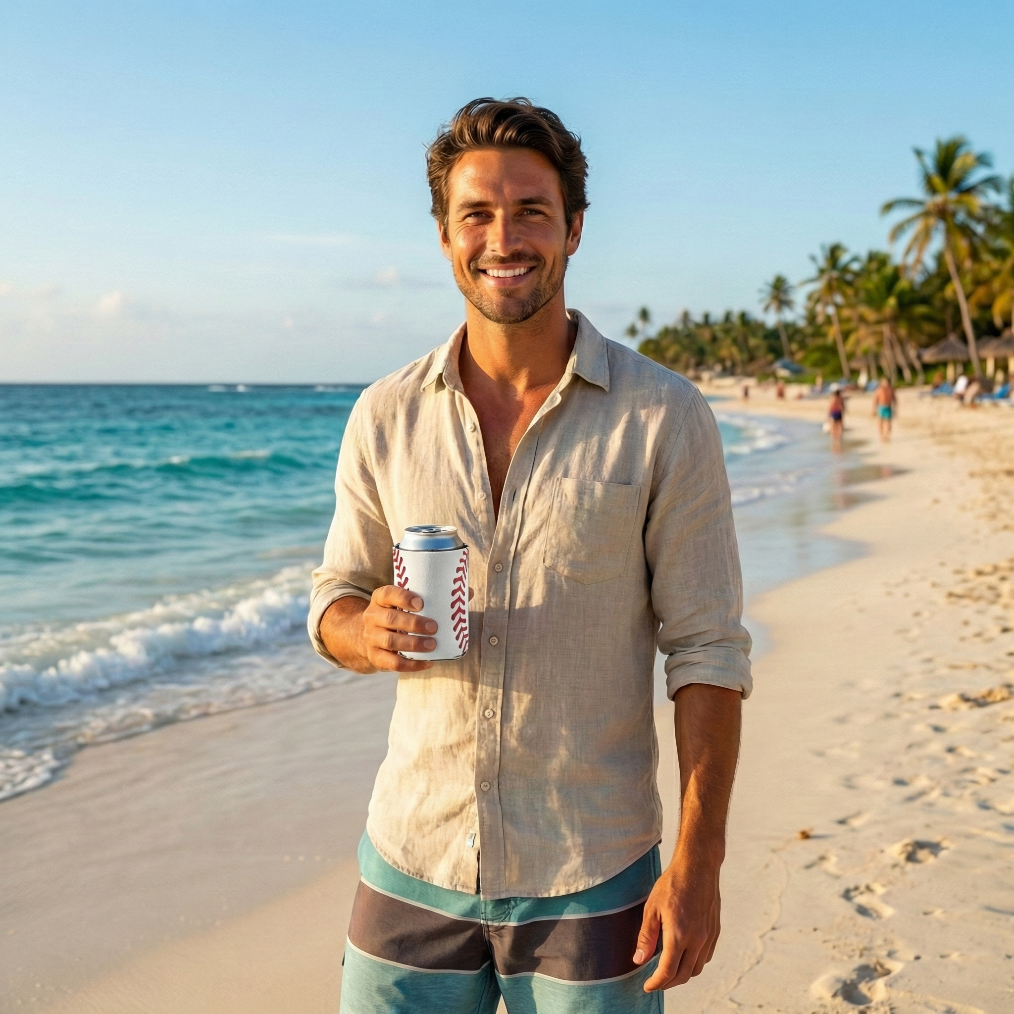 Man holding a can with baseball drink sleeve koozie cooler on a beach with palm trees and ocean in the background