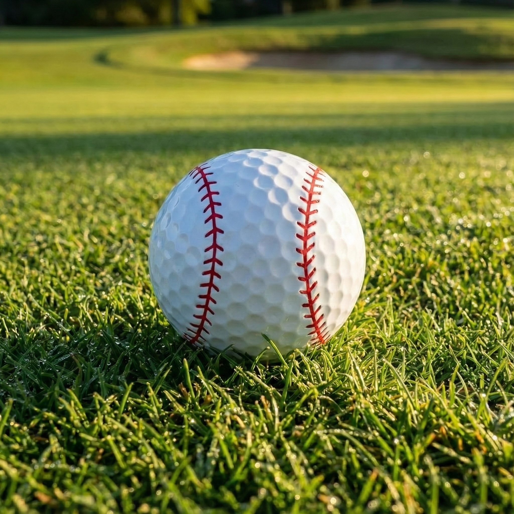 Baseball golf ball on grass with golf course background