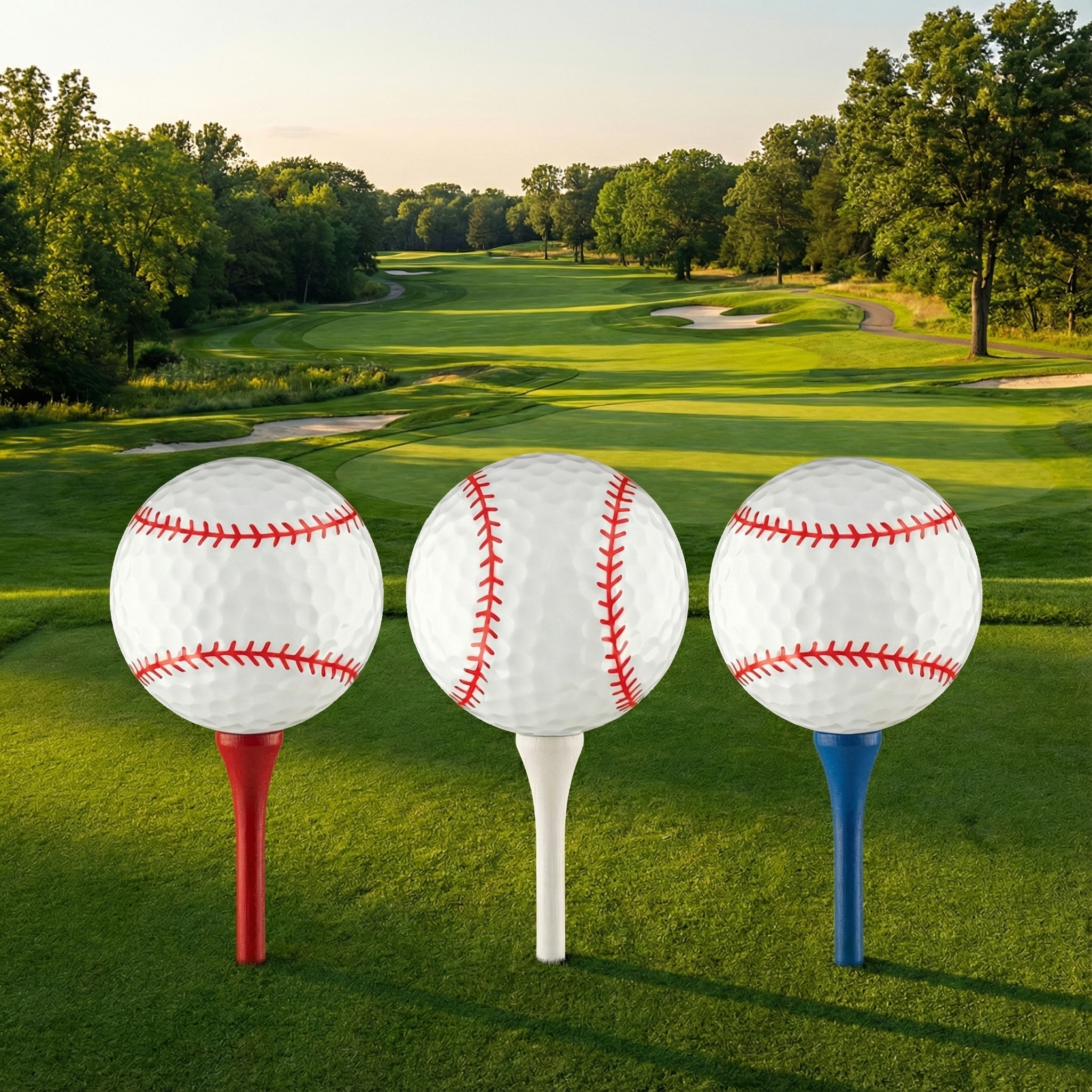 Three baseball golf balls on red, white, and blue tees with a golf course in the background