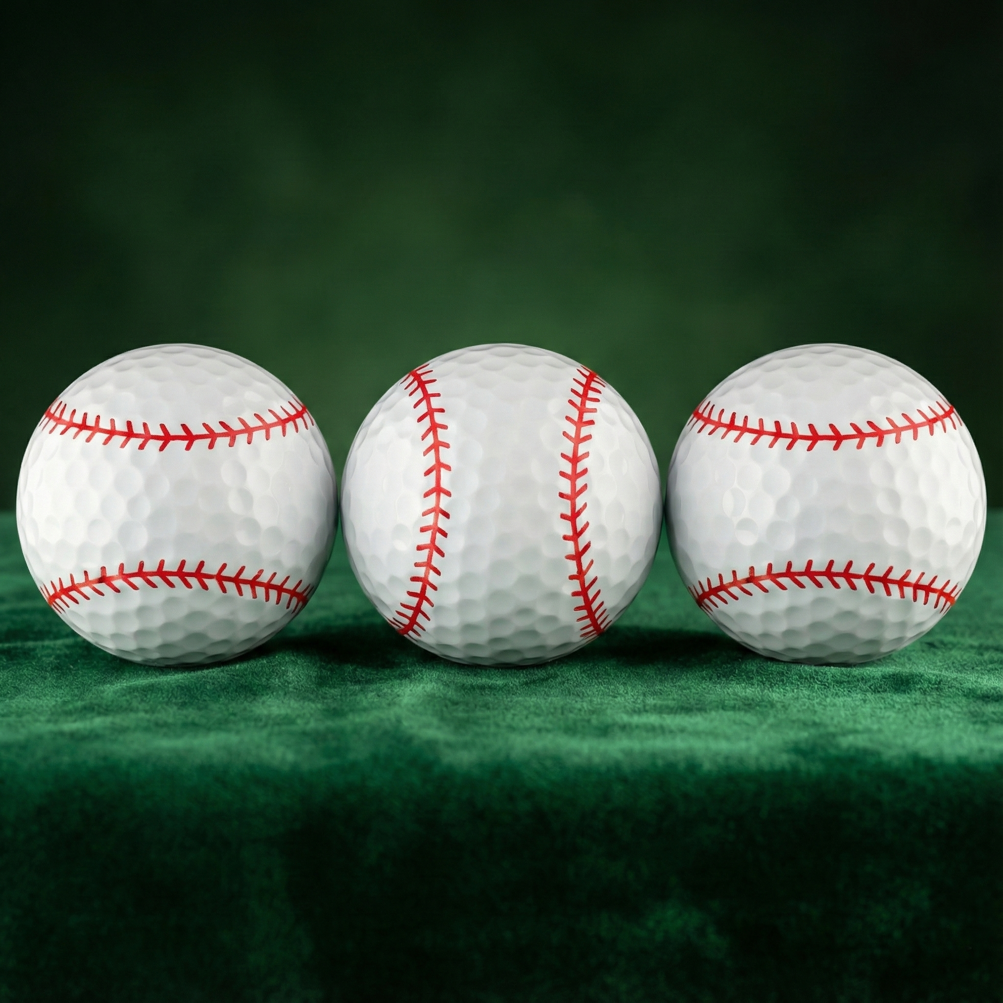 Three baseball golf balls with red stitching on a green surface