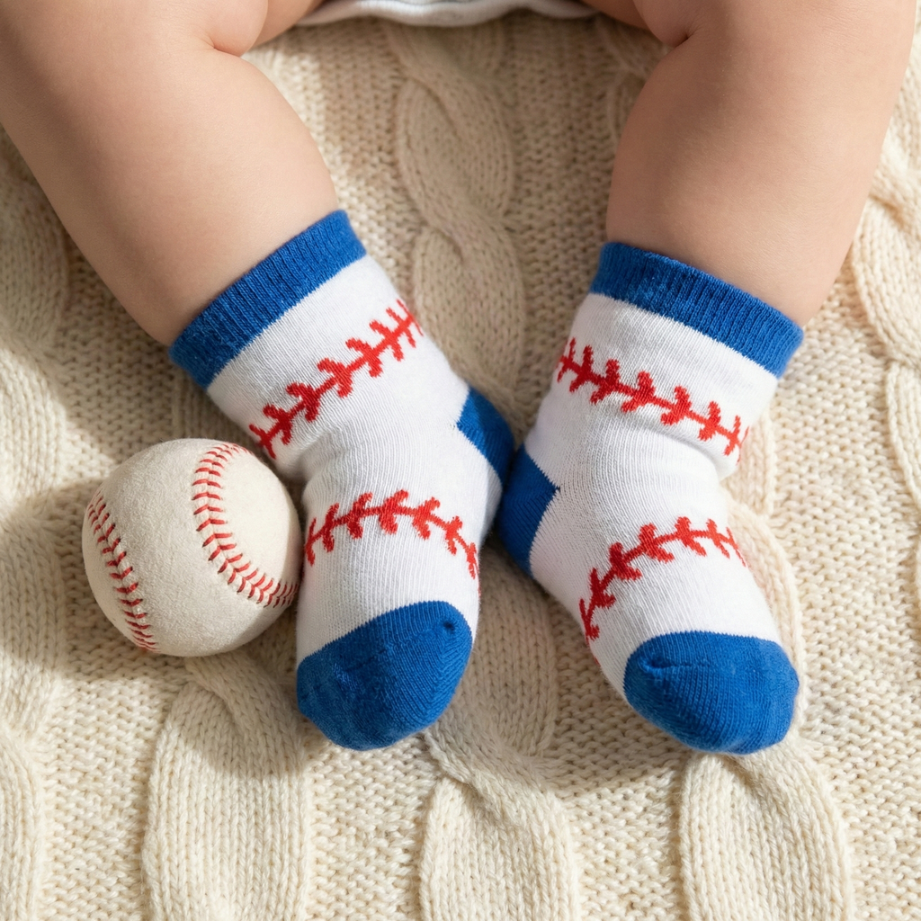 Baseball Stitch Baby Socks on baby feet