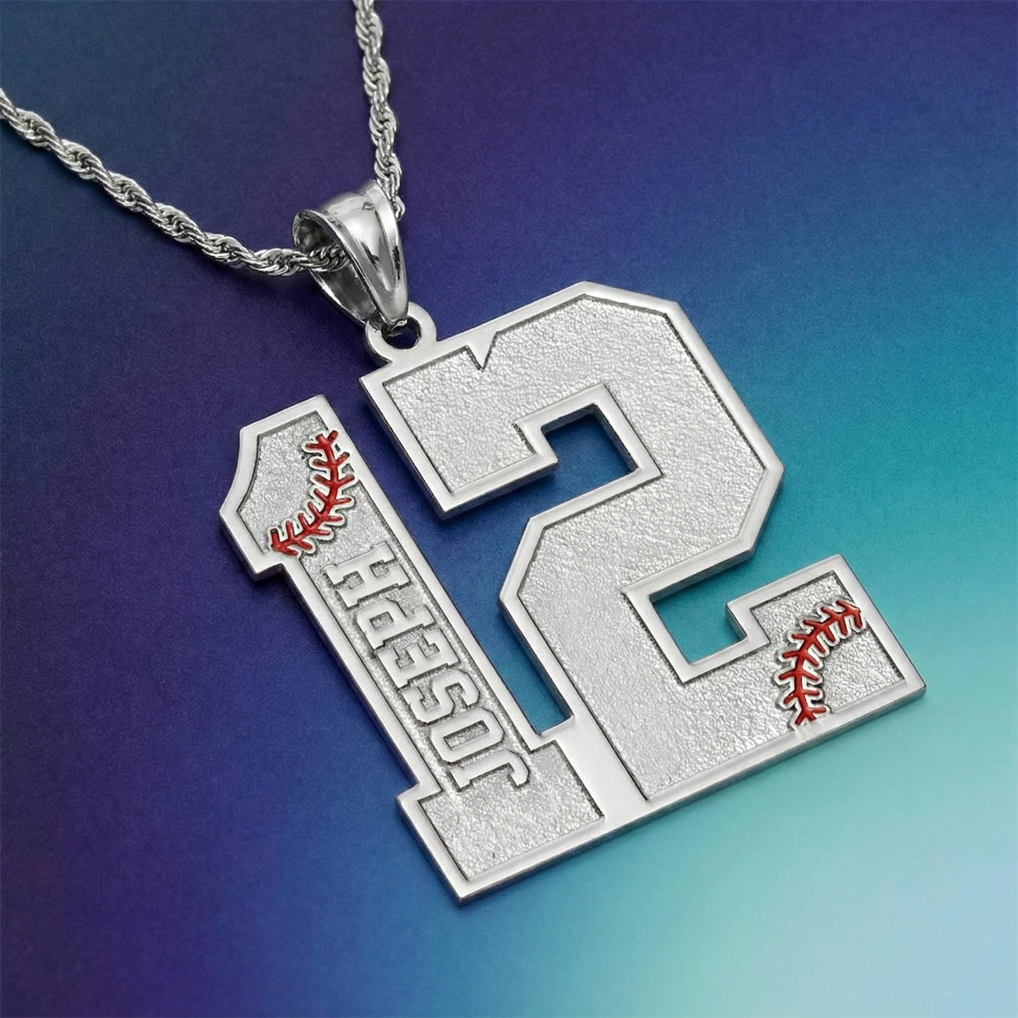 Silver baseball number necklace with a pendant featuring the players name and number 12 on a gradient blue background.