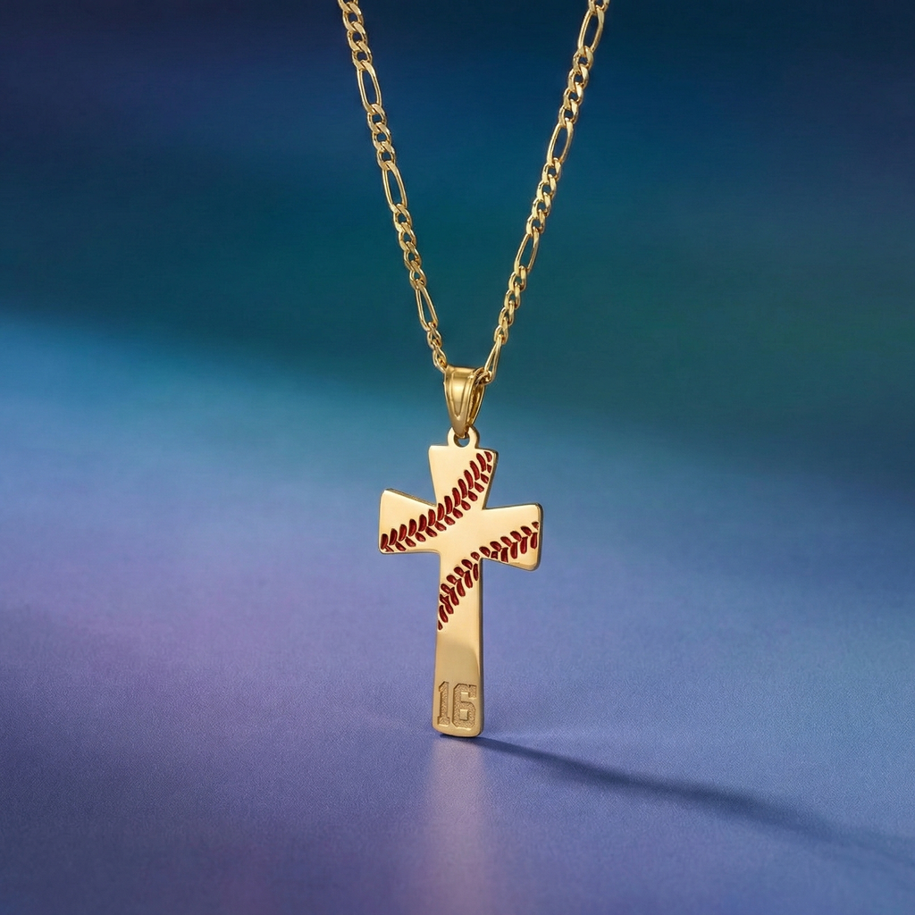 Gold cross custom baseball number necklace on a blue gradient background