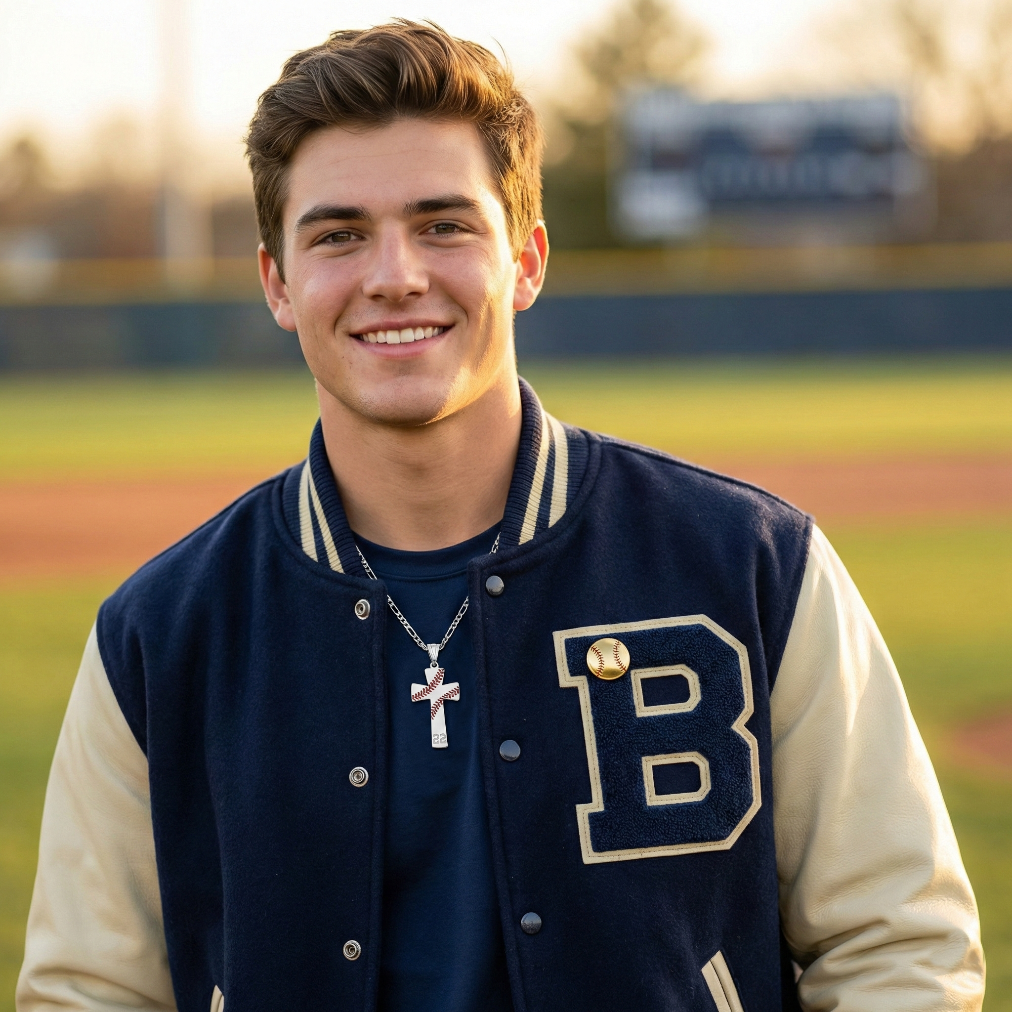 high school baseball player wearing a letterman's jacket and custom baseball number cross necklace at the ballpark.