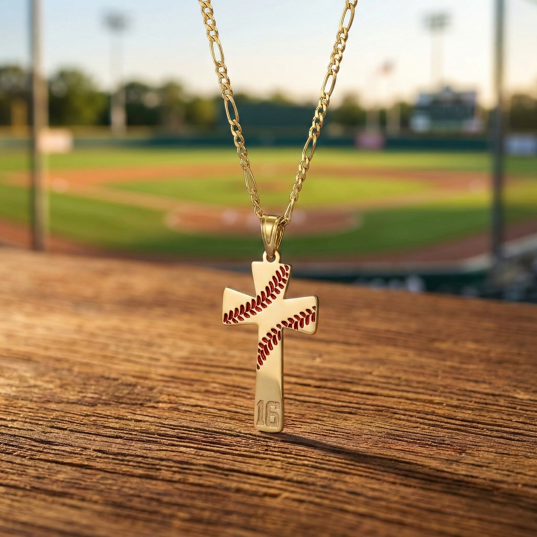 Gold cross number necklace with baseball design on a wooden surface with a baseball field background