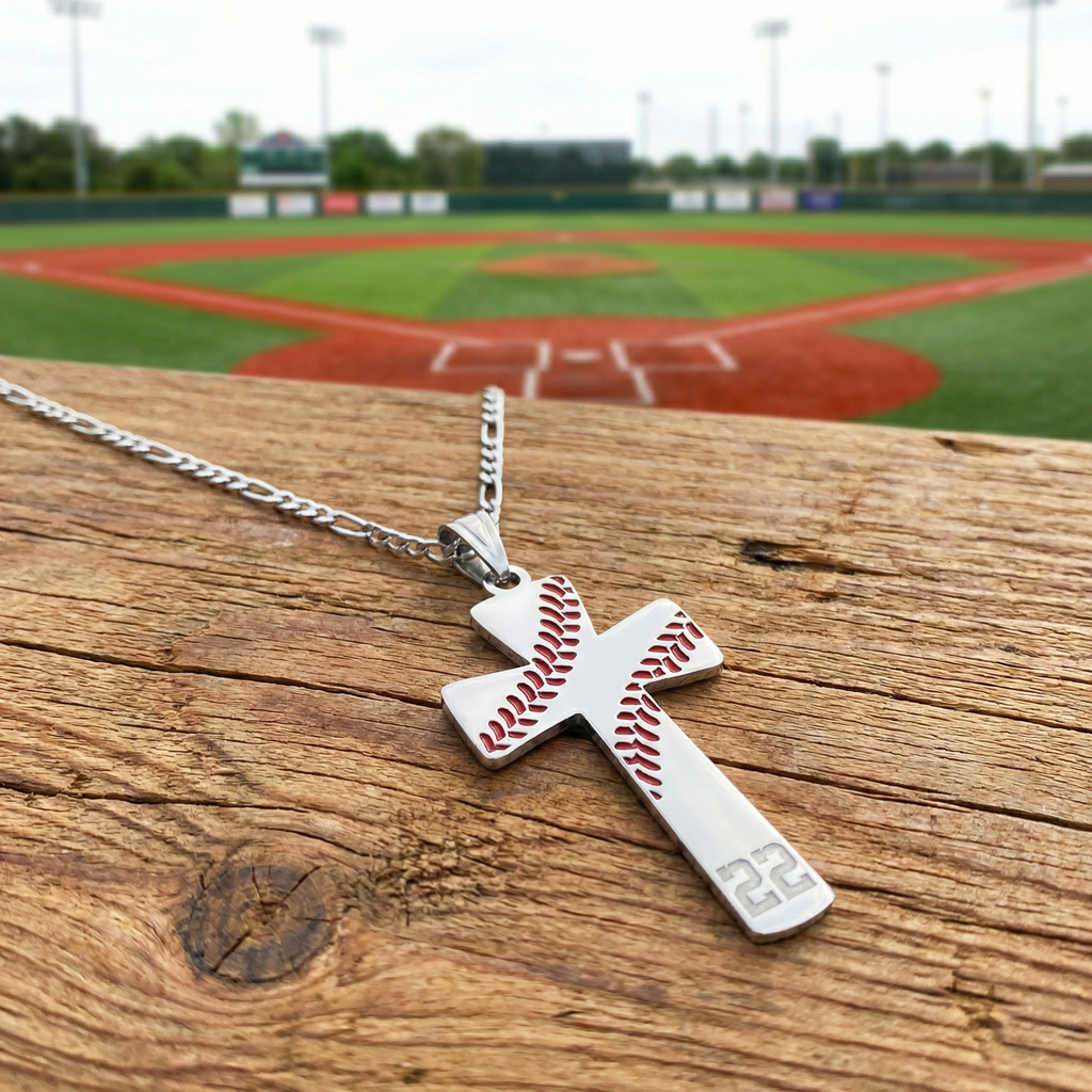 Silver baseball number cross pendant with baseball design on a wooden surface with a baseball field in the background