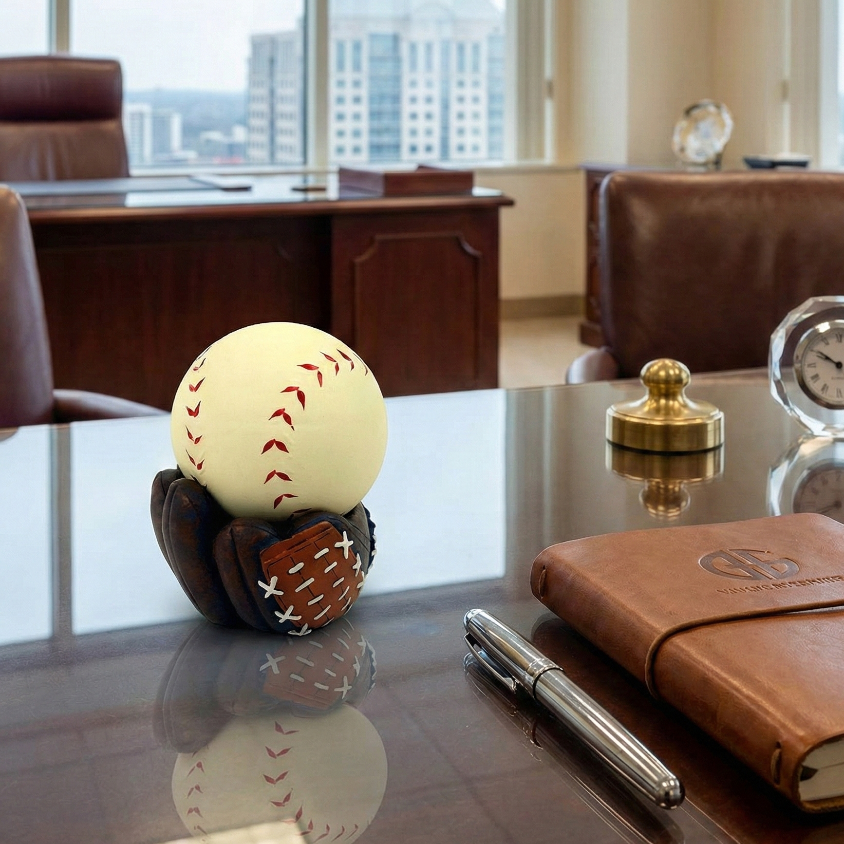 Baseball Stress Ball with Glove Stand on a desk with a pen and notebook
