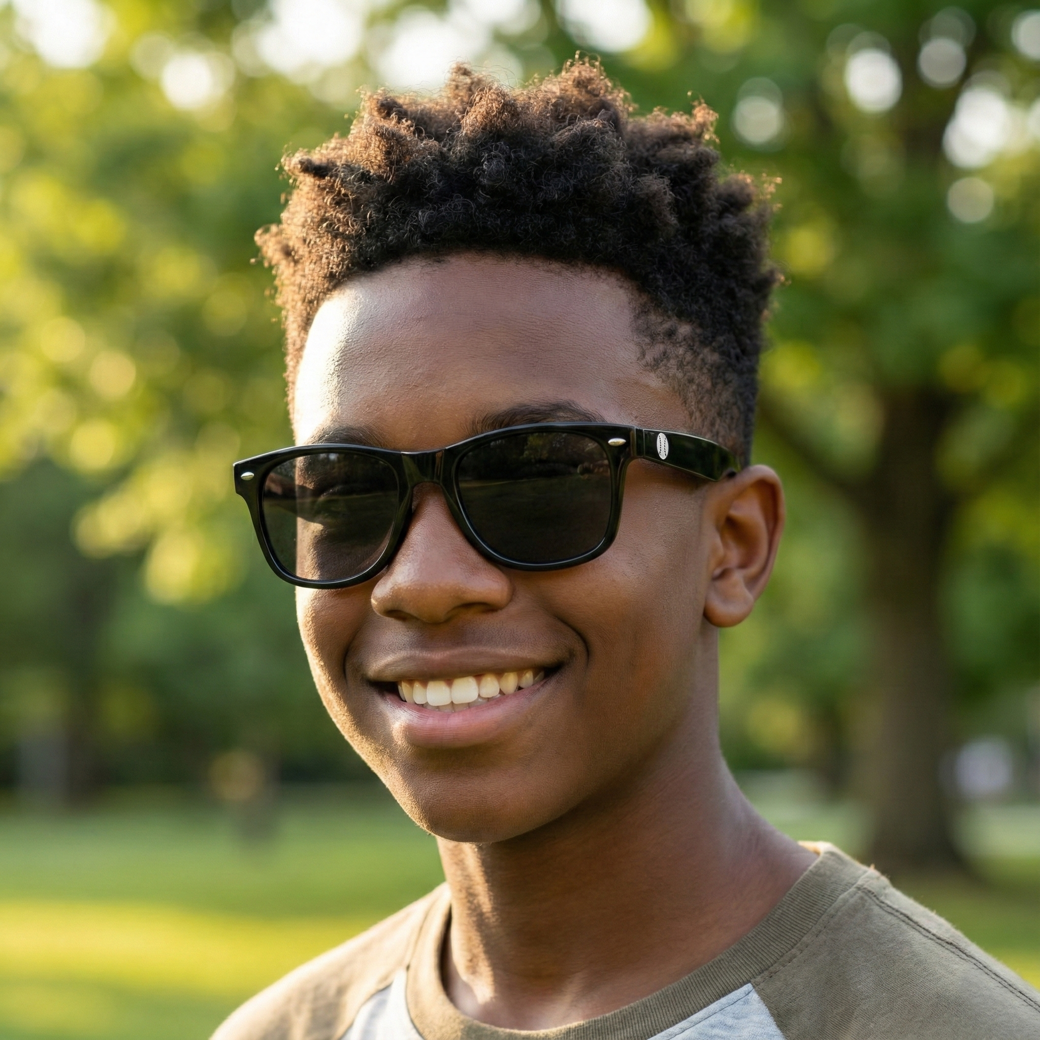 Person wearing black baseball sunglasses with a blurred green background