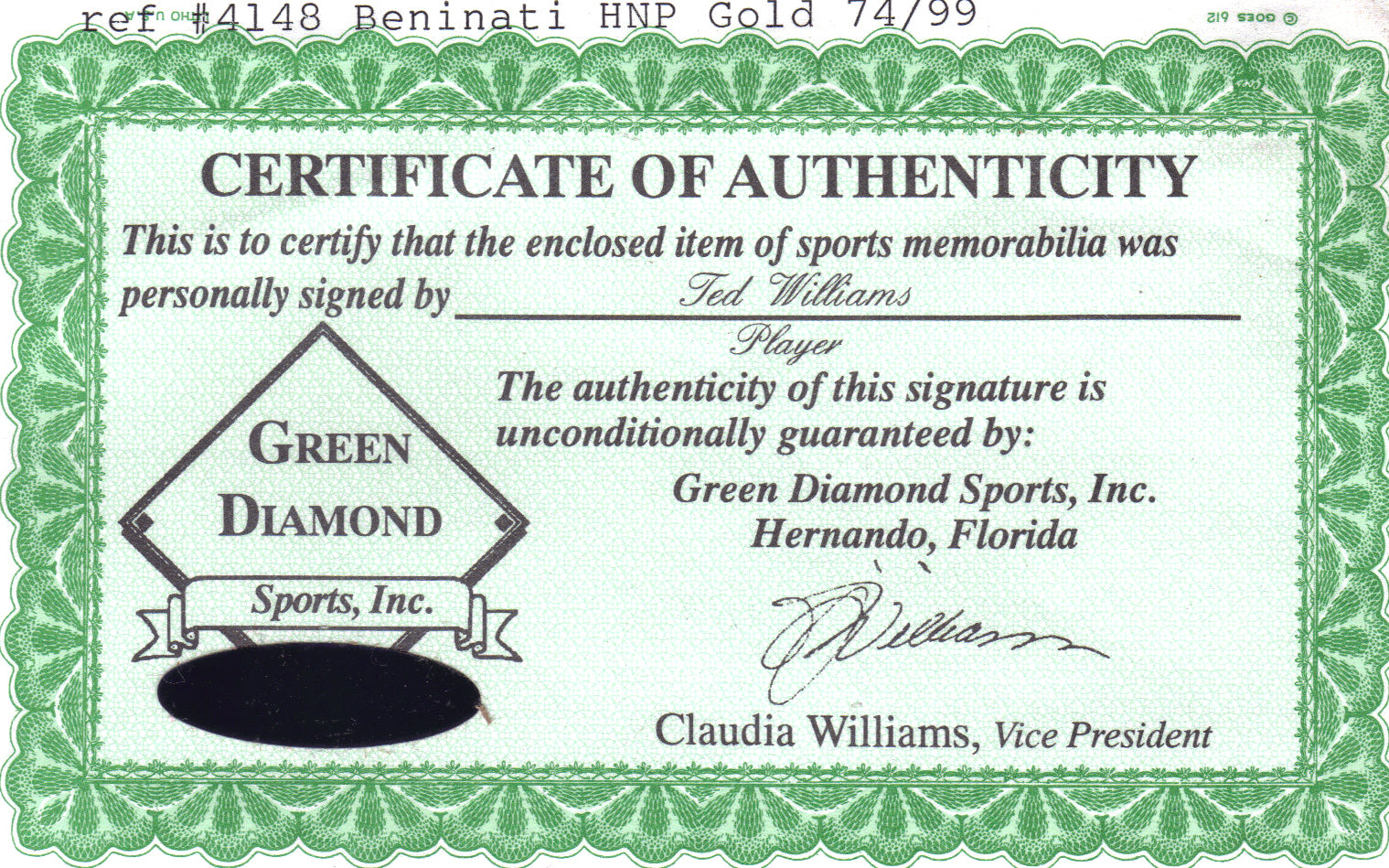 Certificate of Authenticity for Ted Williams sports memorabilia with Green Diamond Sports, Inc. branding.
