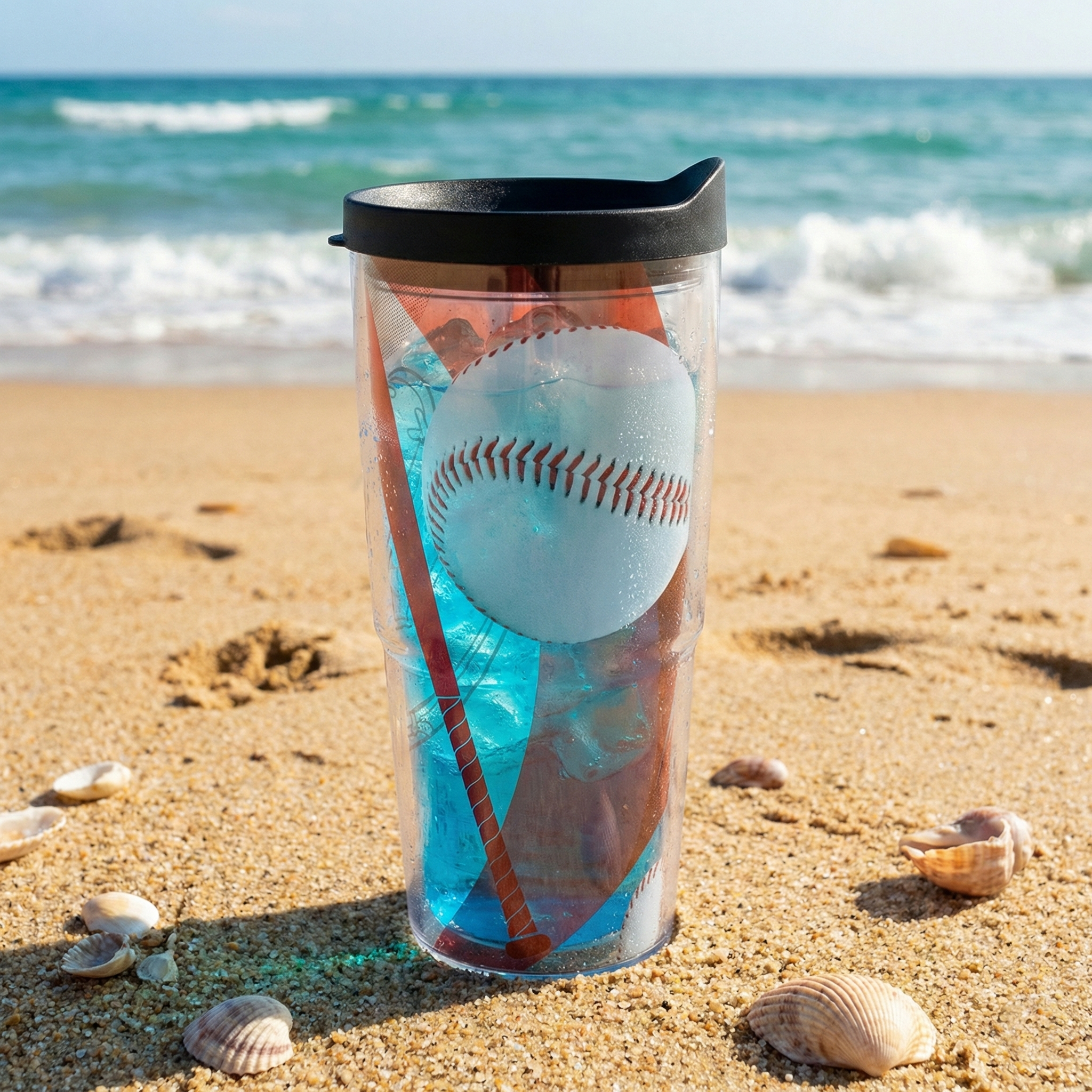 Baseball Wrap 24oz Tumbler with Lid by Tervis on a sandy beach with ocean waves in the background