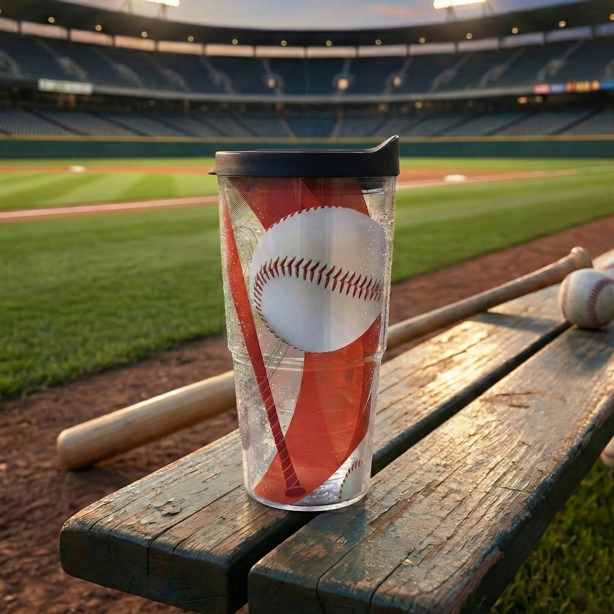 Baseball Wrap 24oz Tumbler with Lid by Tervis on a wooden bench at a baseball field