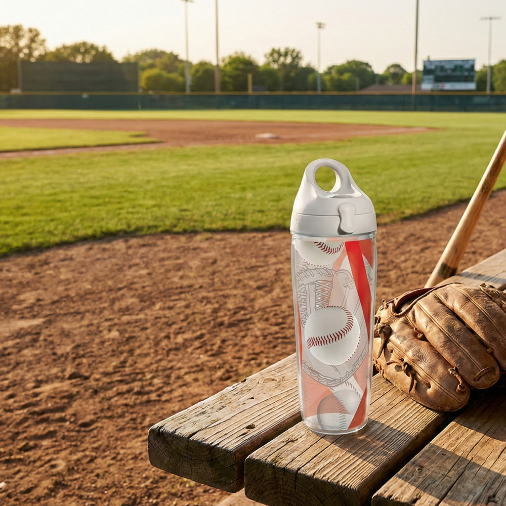 Baseball-themed Tervis water bottle on a wooden bench with a baseball glove and bat in the background on a baseball field.