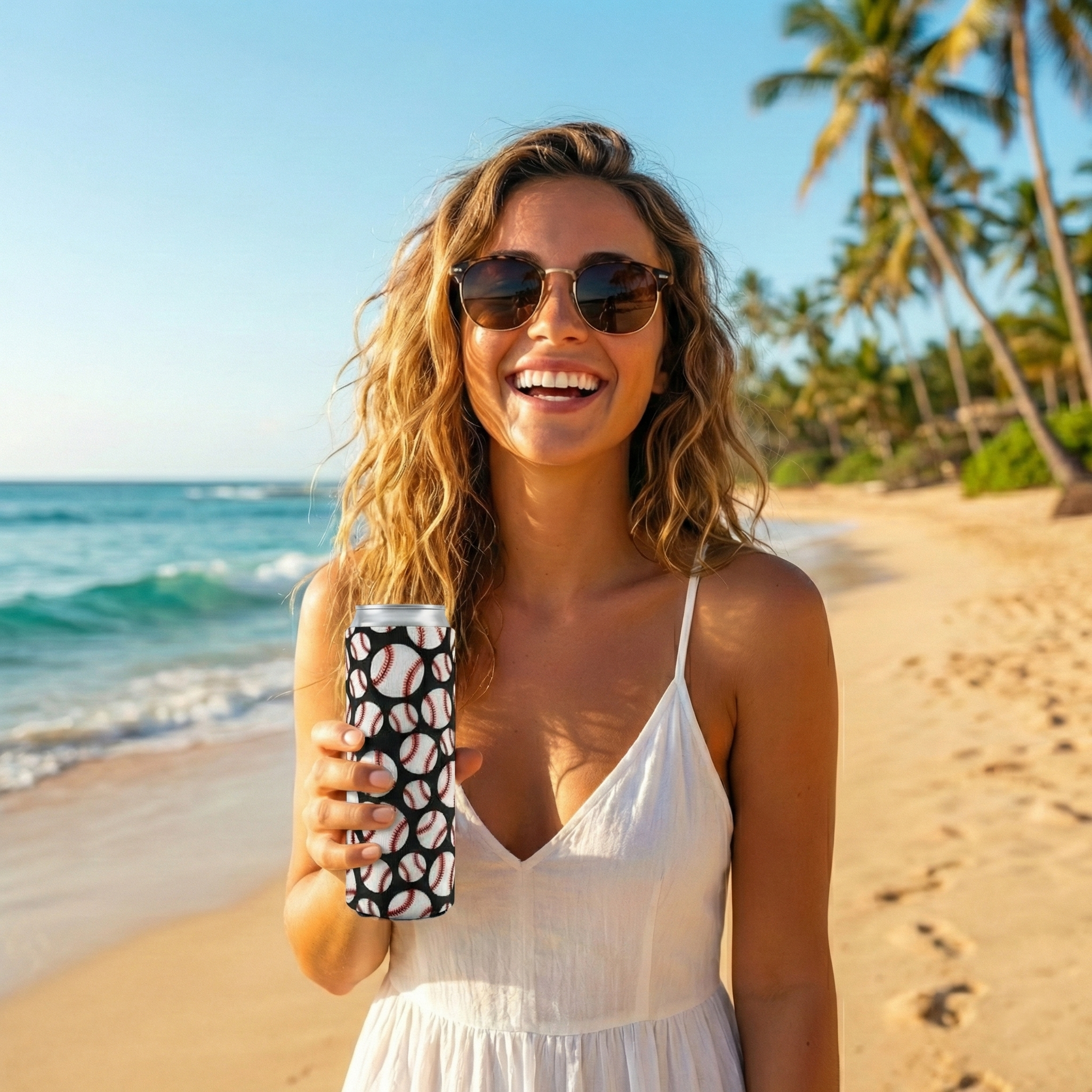 Woman on a beach holding a baseball skinny can koozie sleeve with palm trees and ocean in the background