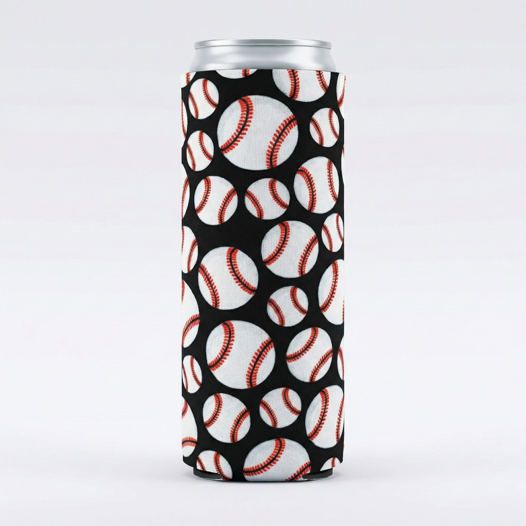 Slim can koozie drink sleeve with baseball pattern on a white background
