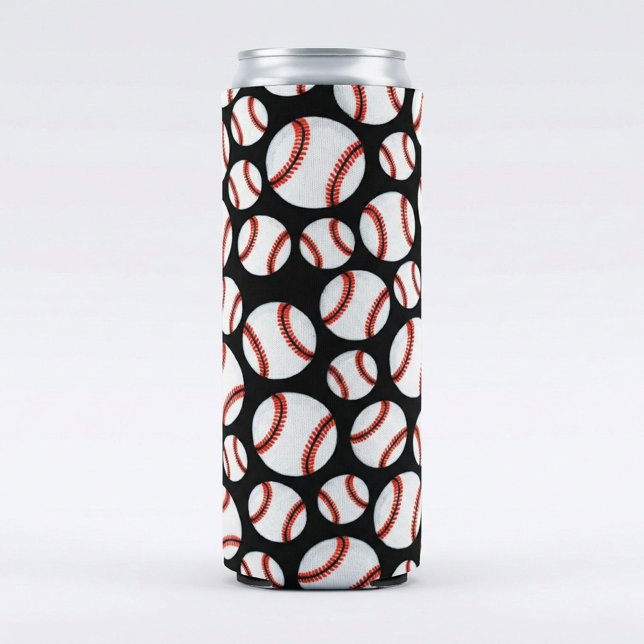 Slim can koozie drink sleeve with baseball pattern on a white background