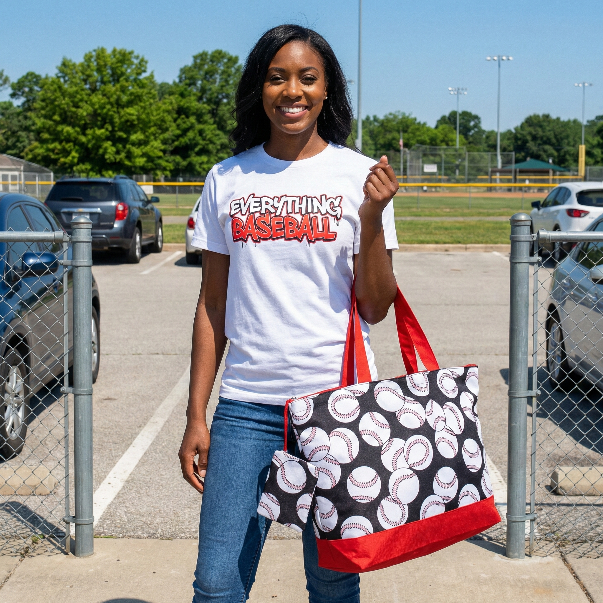 Woman holding a tote bag with baseball pattern in a parking lot