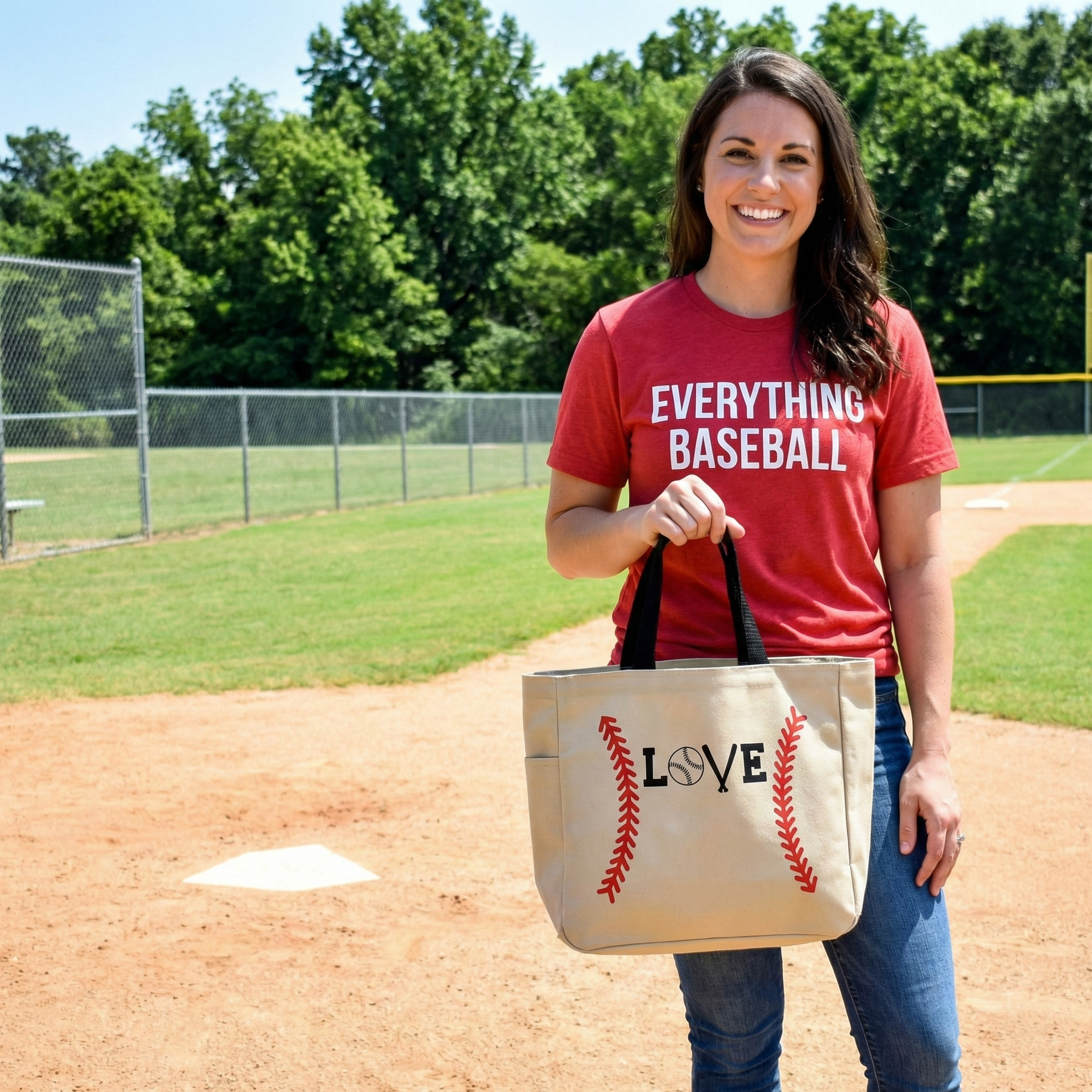 Woman holding a tan tote bag with 'LOVE' design on a baseball field