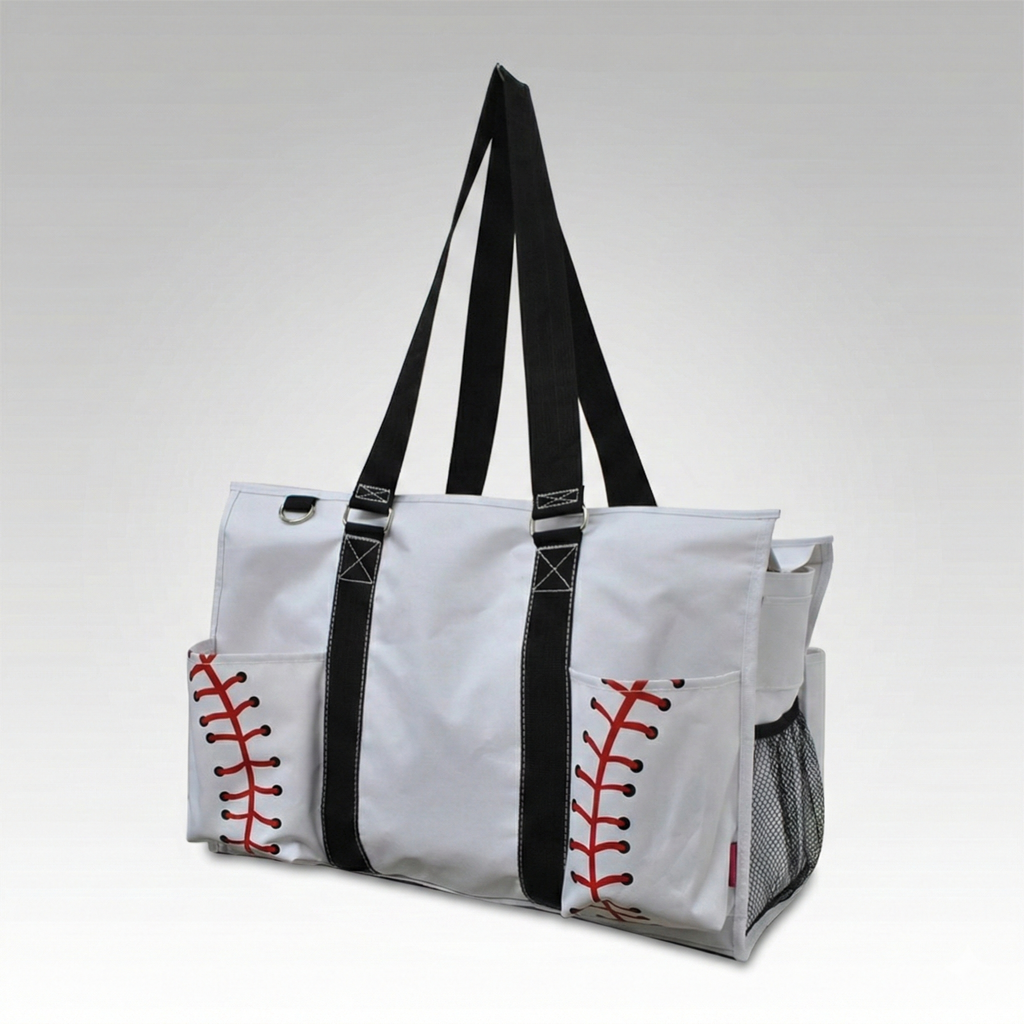 White baseball tote bag with black straps and red stitching on a light gray background
