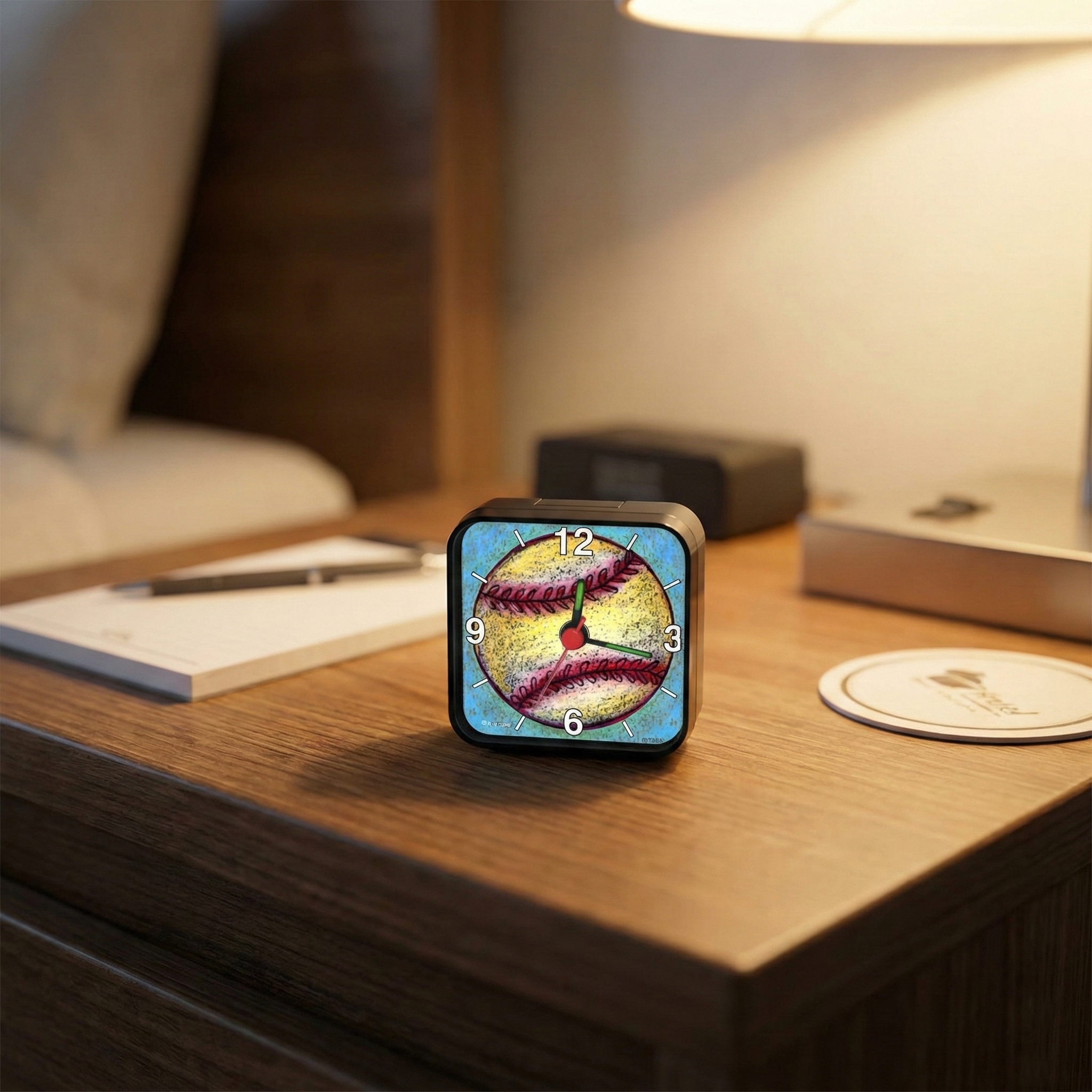 Baseball Travel Alarm Clock on a hotel night stand