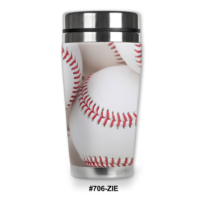 Travel mug with baseball design on a white background