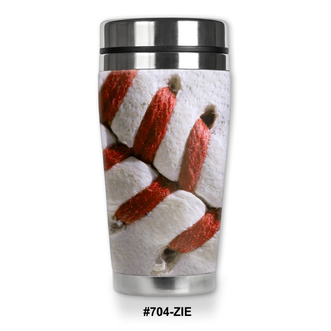 Stainless steel tumbler with red and white baseball seam design on a white background
