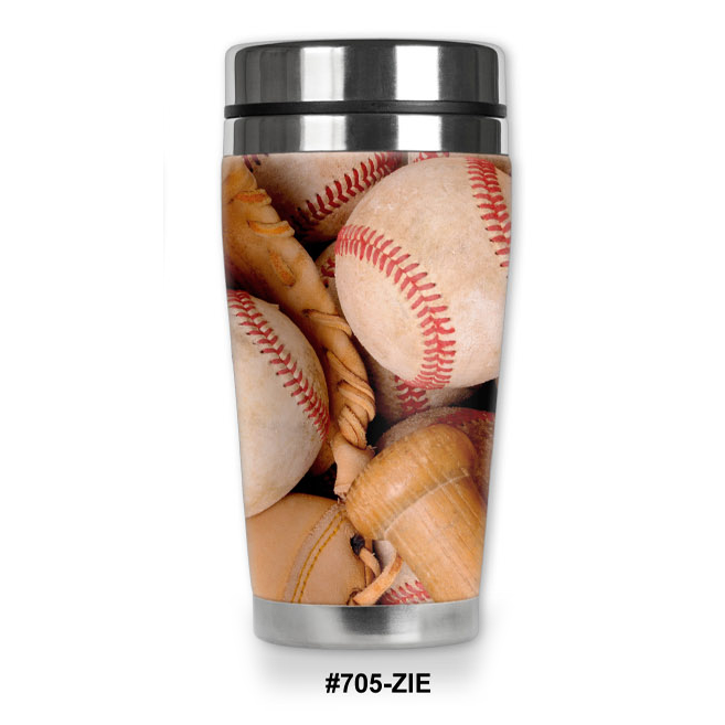 Stainless steel tumbler with baseball and glove design on a white background