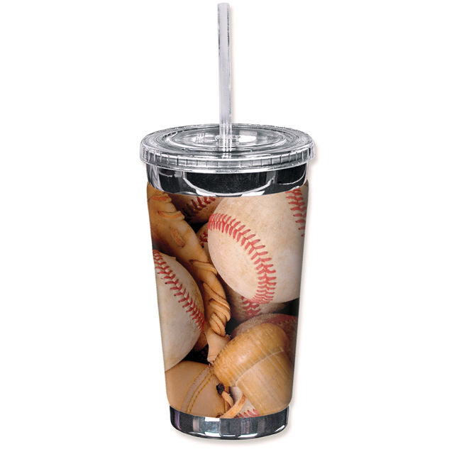 Insulated travel tumbler with baseball design on a white background