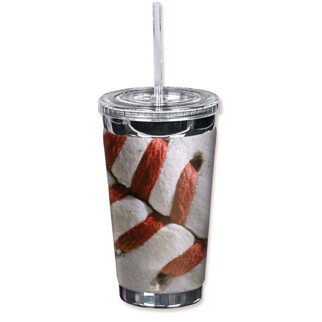Tumbler with a design of red and white baseball seam on a white background