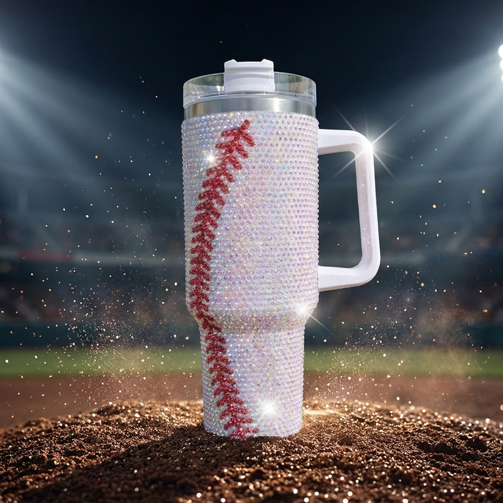 Travel mug tumbler with crystal baseball bling design on a baseball field at night