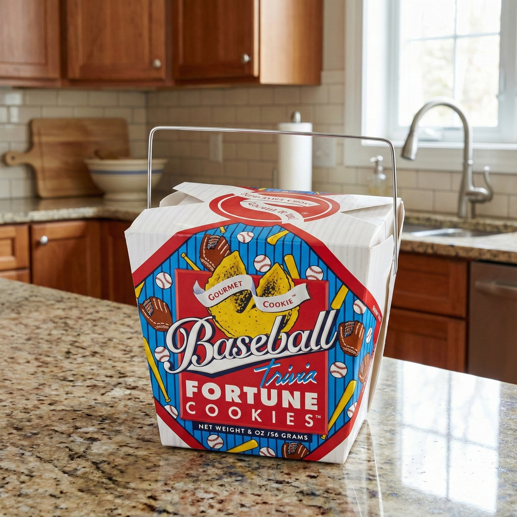Box of Baseball Trivia Fortune Cookies on a kitchen counter