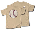 Beige t-shirt with baseball graphic on a white background