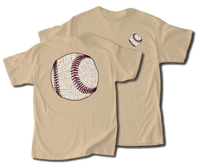 Beige t-shirt with baseball graphic on a white background