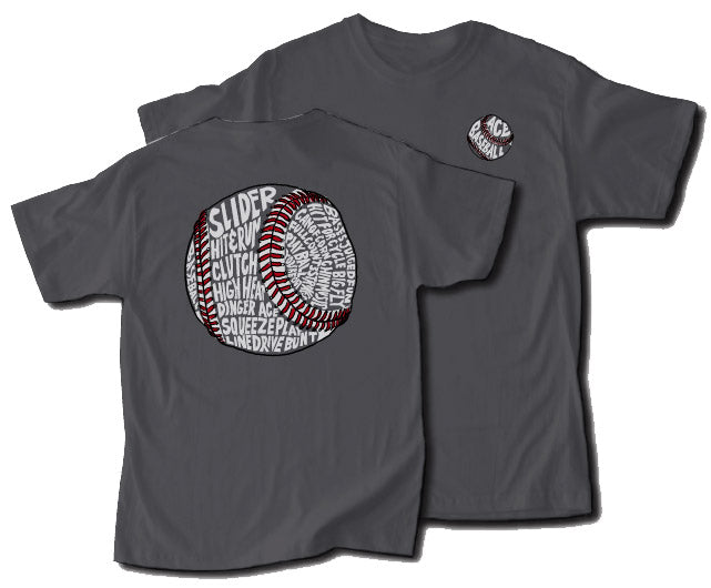 Gray t-shirt with baseball graphic and text on front and back, displayed against a white background.