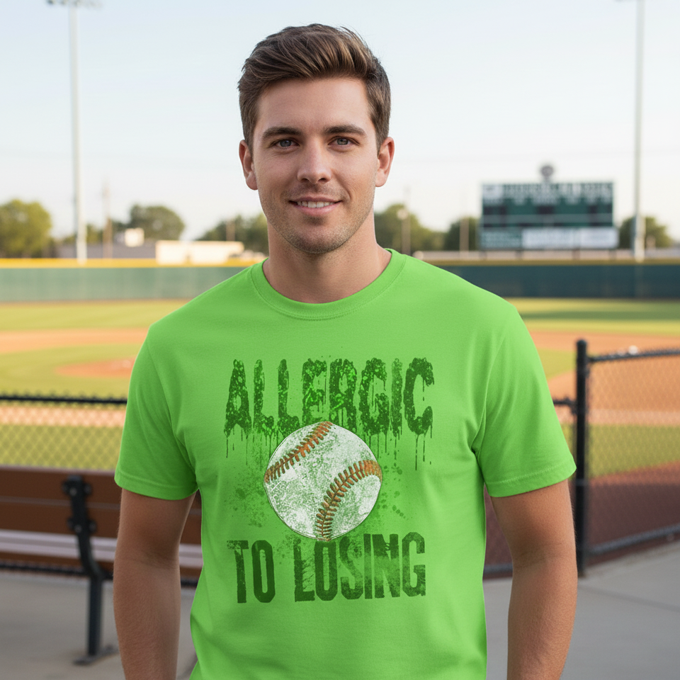 Man wearing a green t-shirt with a baseball graphic and text on a baseball field.