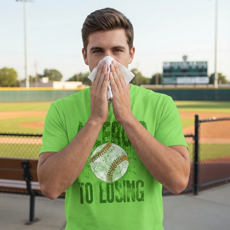 Man in a green t-shirt with a baseball graphic and text blowing his nose on a baseball field.