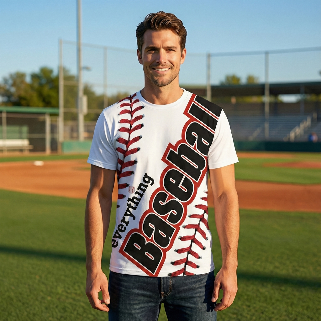 Man wearing a 'Everything Baseball' t-shirt on a baseball field