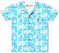Blue floral patterned shirt with white flowers on a white background