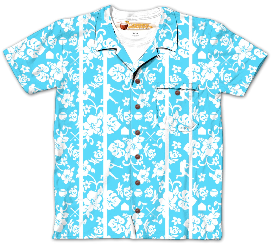 Blue floral patterned shirt with white flowers on a white background